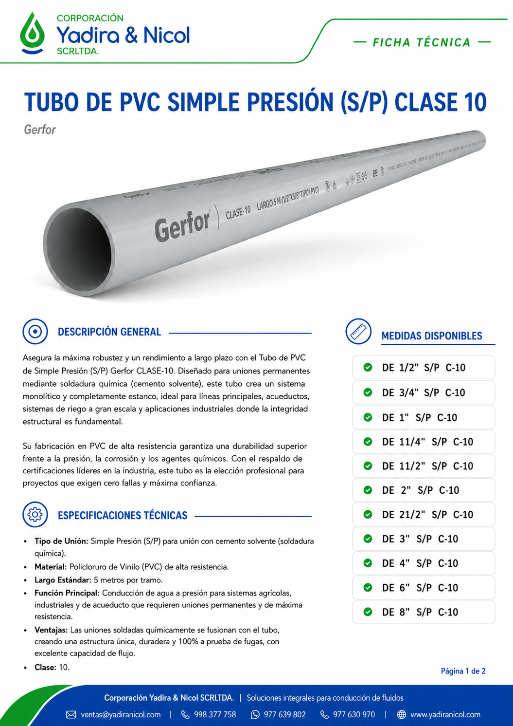 TUBO A PRESIÓN CLASE-10 PVC GERFOR