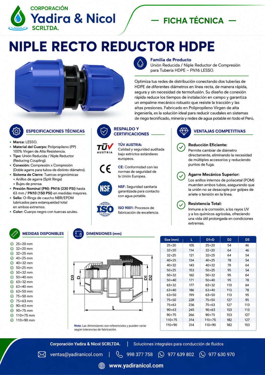 UNIÓN CON REDUCCIÓN HDPE MANGUERA LESSO