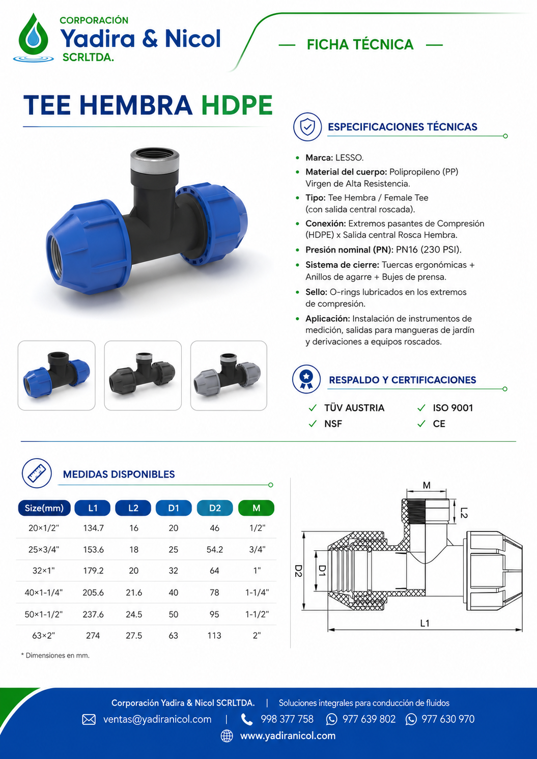 TEE CON ROSCA HEMBRA HDPE MANGUERA LESSO