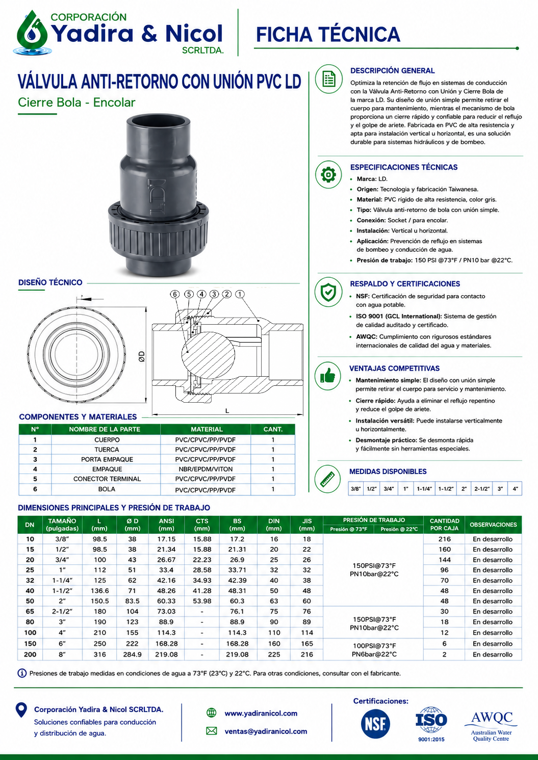 CHECK CON UNA UNIVERSAL DE BOLA CON ROSCA PVC LD
