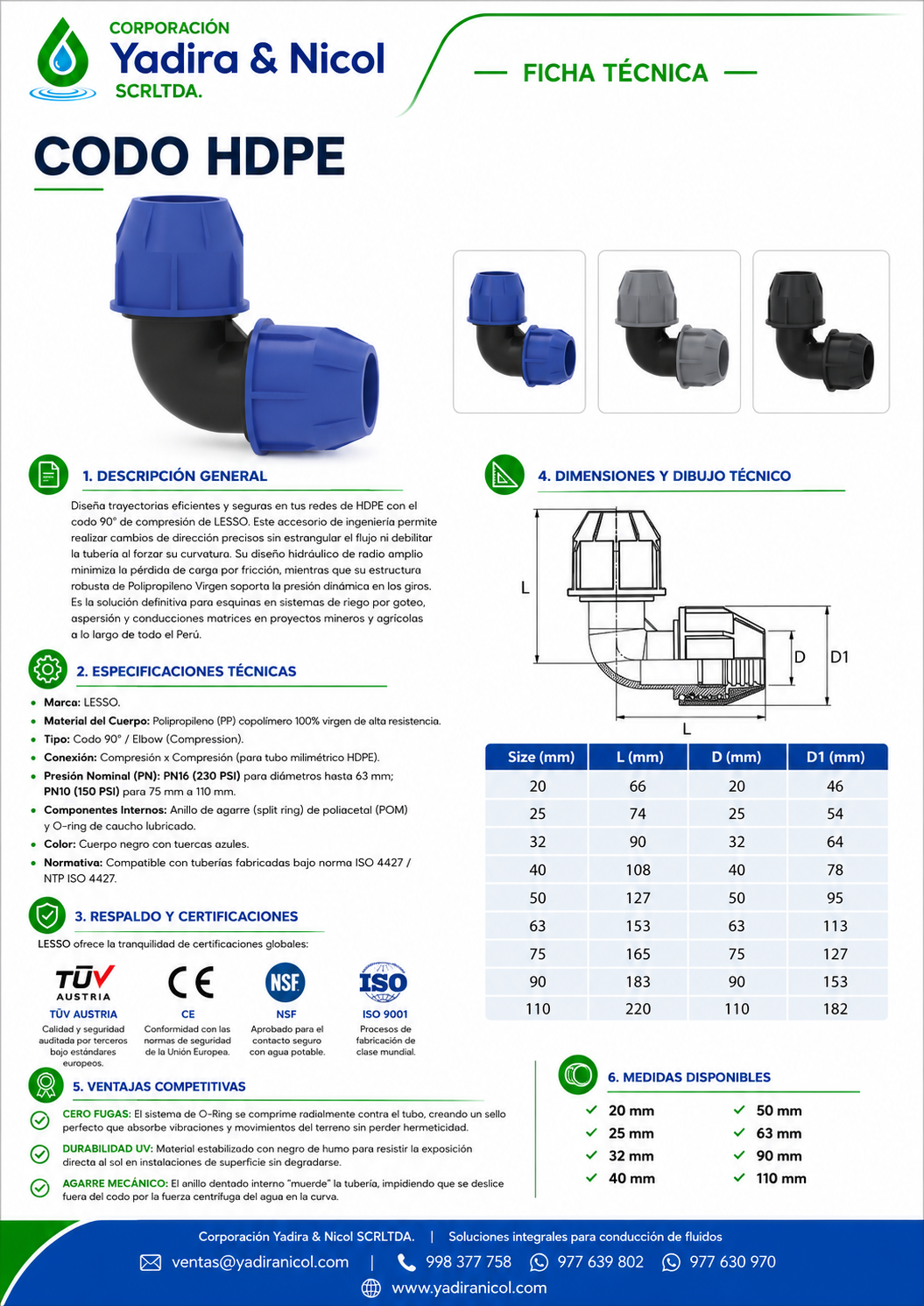 CODO DE 90° HDPE MANGUERA LESSO
