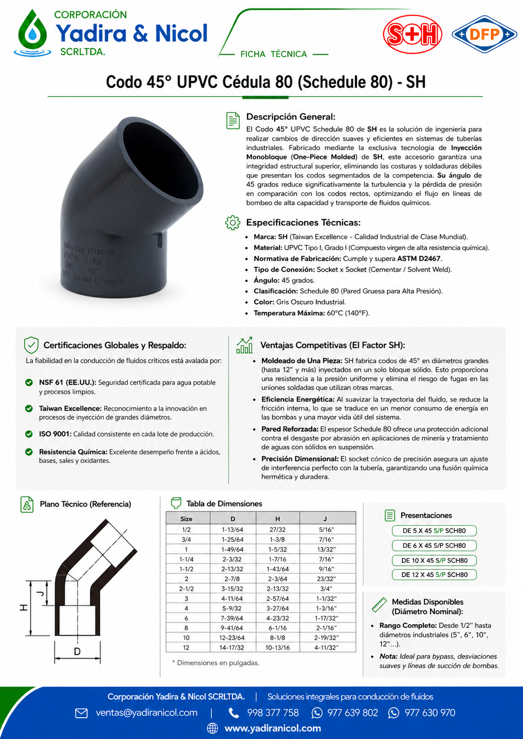 CODO DE 45° A PRESIÓN PVC SCH-80 SH-DFP