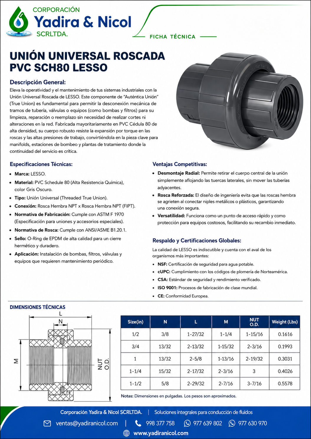 UNIÓN UNIVERSAL CON ROSCA PVC SCH-80 LESSO