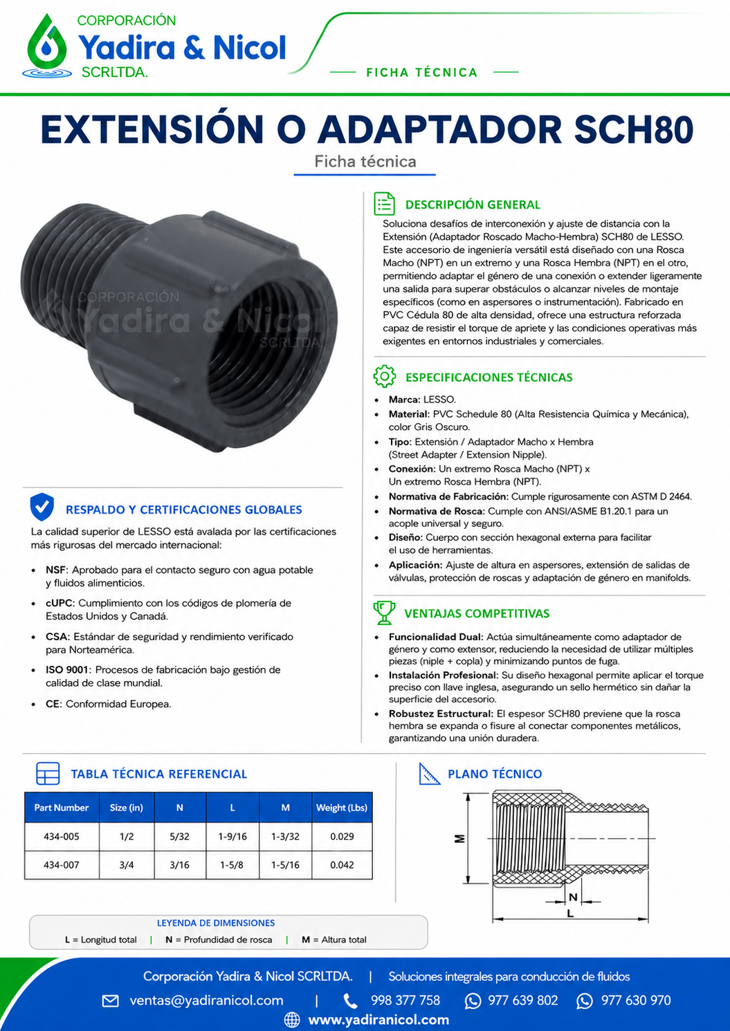 EXTENSION O ADAPTADOR CON ROSCA PVC SCH-80 LESSO