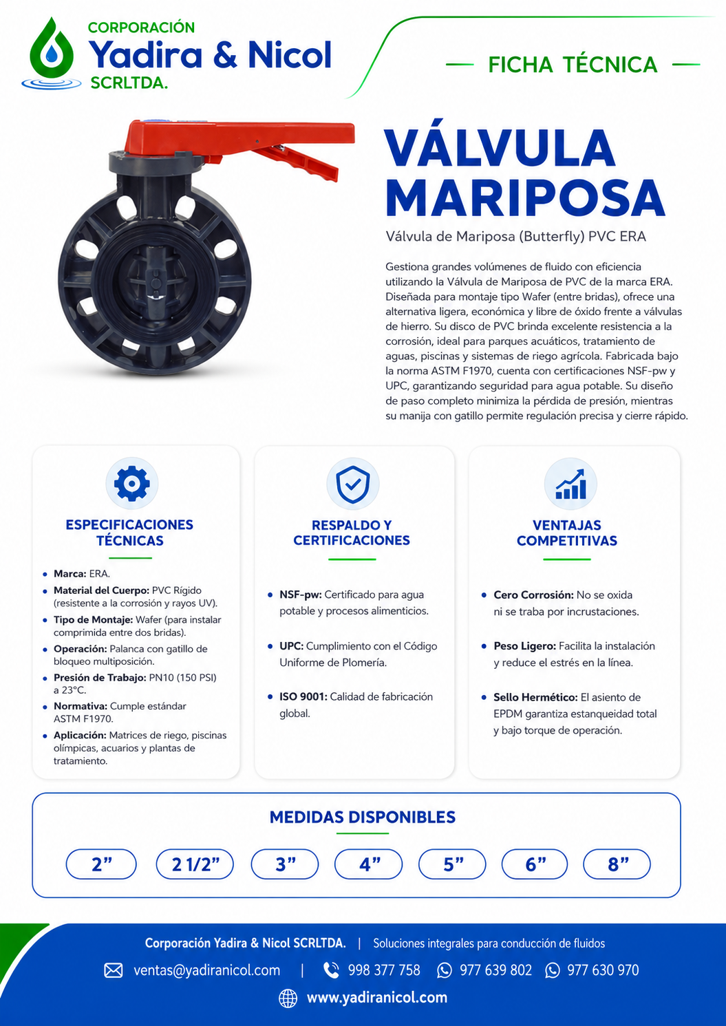 VÁLVULA MARIPOSA TIPO PALANCA PVC ERA