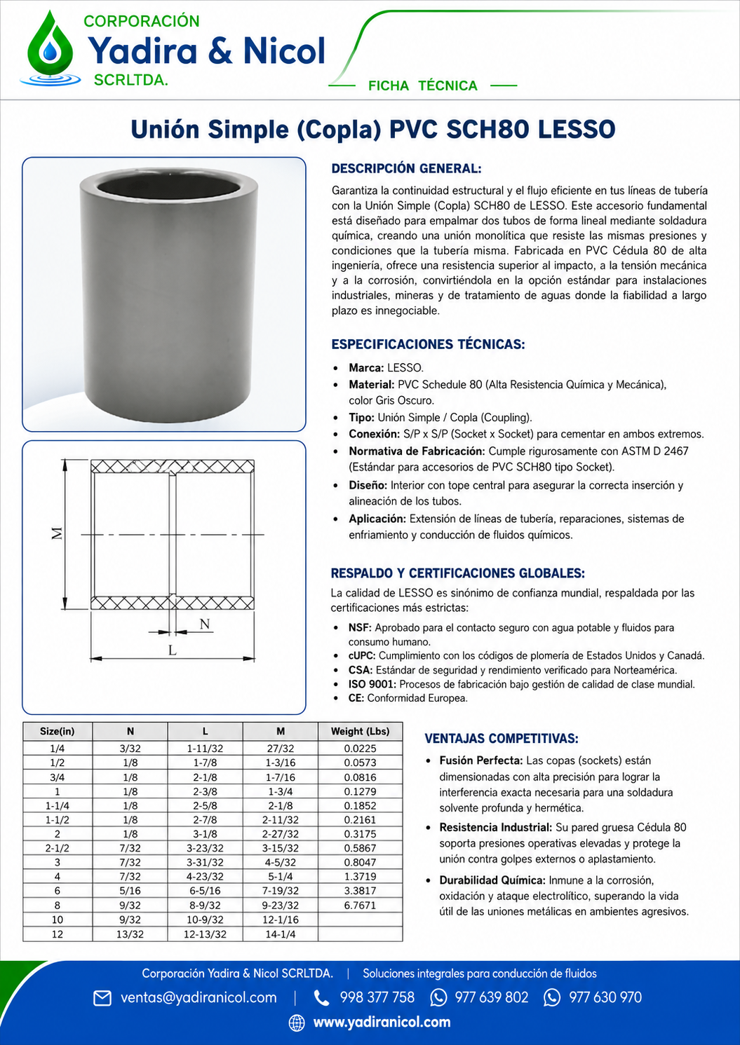 UNIÓN SIMPLE A PRESIÓN PVC SCH-80 LESSO