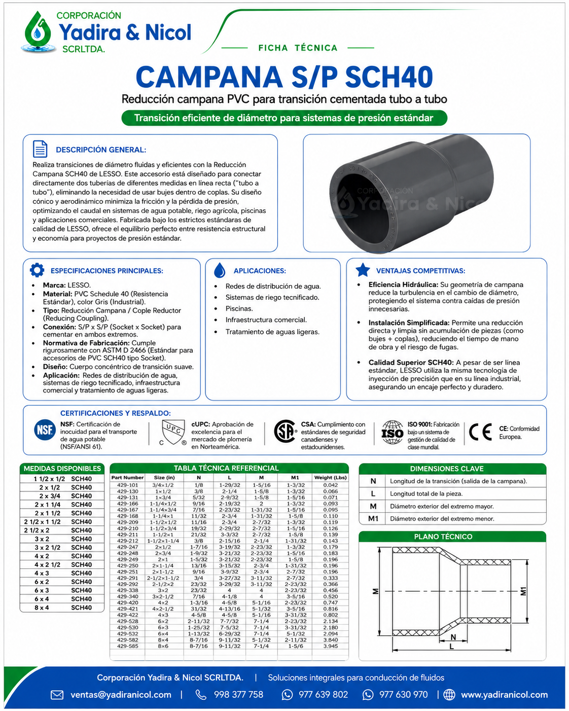 REDUCCIÓN CAMPANA A PRESIÓN PVC SCH-40 LESSO