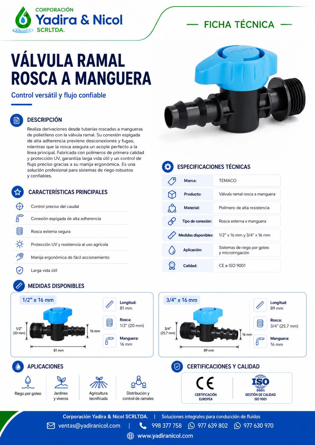 VÁLVULA RAMAL CON ROSCA – MANGUERA HDPE TEMACO