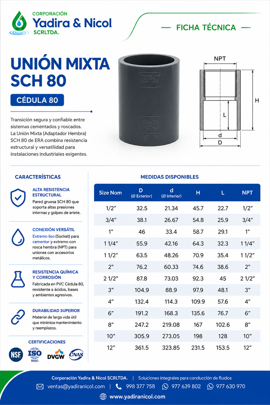 UNIÓN SIMPLE MIXTO PVC SCH-80 ERA