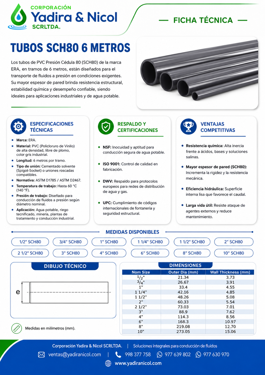 TUBO X 6 METROS A PRESIÓN PVC SCH-80 ERA