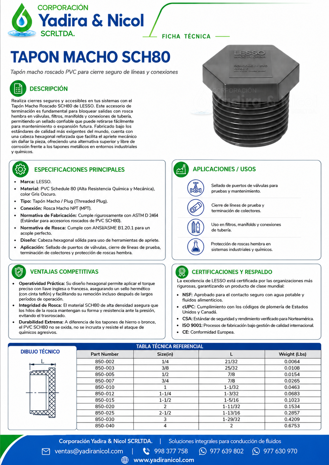 TAPON MACHO CON ROSCA PVC SCH-80 LESSO