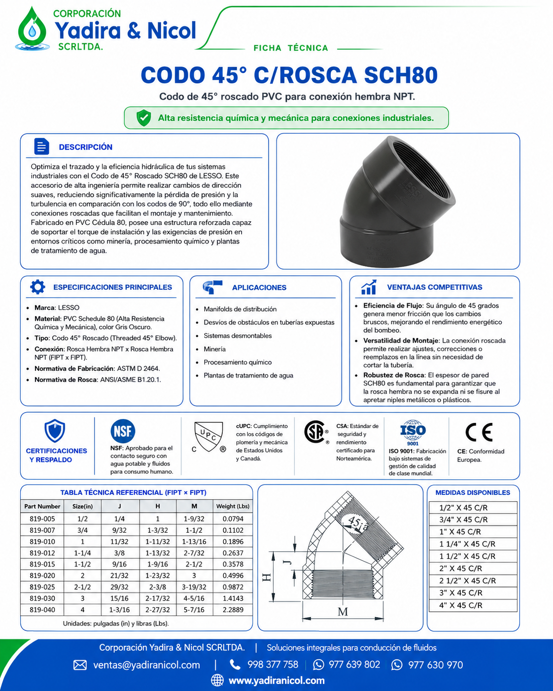 CODO DE 45° CON ROSCA PVC SCH-80 LESSO