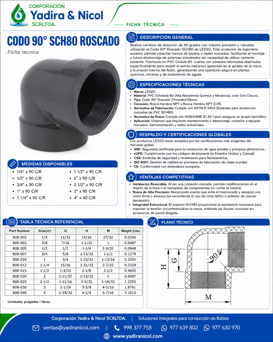 CODO DE 90° CON ROSCA PVC SCH-80 LESSO