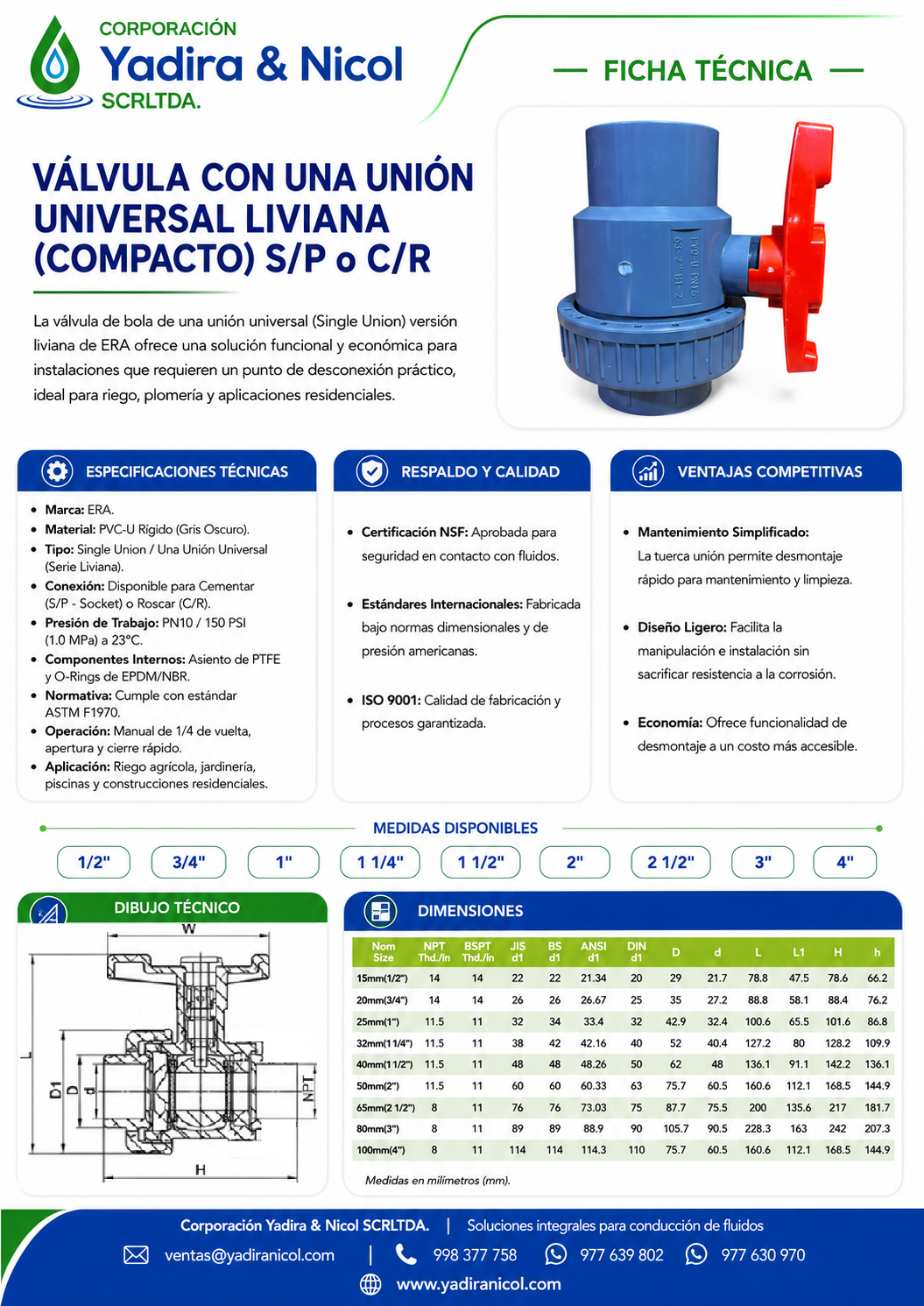VÁLVULA CON UNA UNIVERSAL COMPACTA CON ROSCA PVC ERA