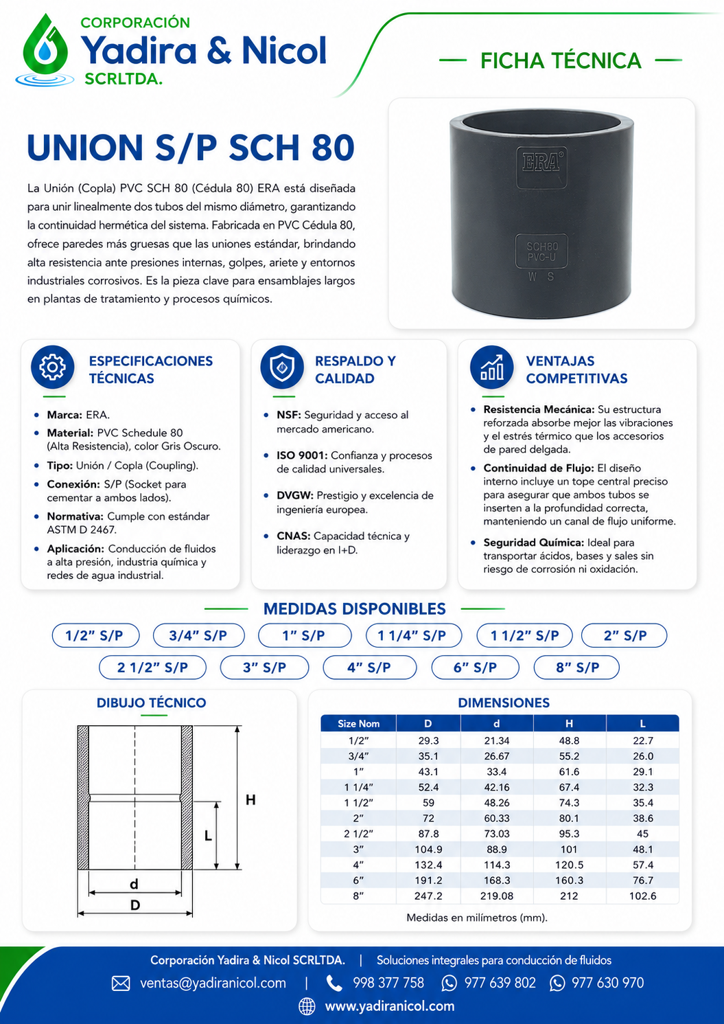 UNIÓN SIMPLE A PRESIÓN PVC SCH-80 ERA