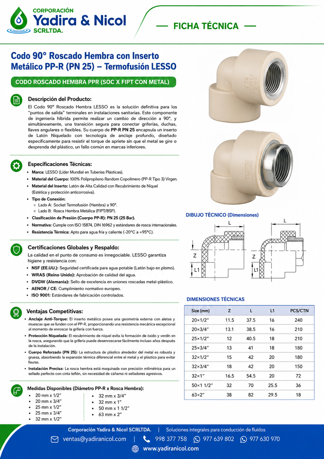 CODO DE 90° CON ROSCA HEMBRA PPR CON INSERTO DE METAL LESSO