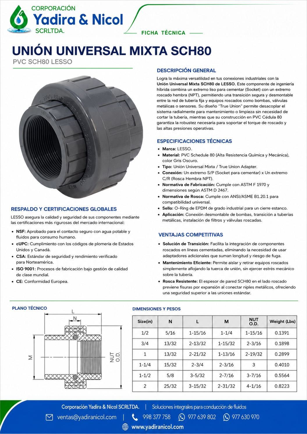 UNIÓN UNIVERSAL MIXTO PVC SCH-80 LESSO