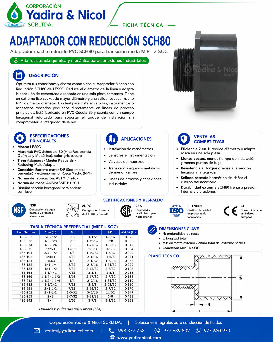ADAPTADOR CON REDUCCIÓN PVC SCH-80 LESSO