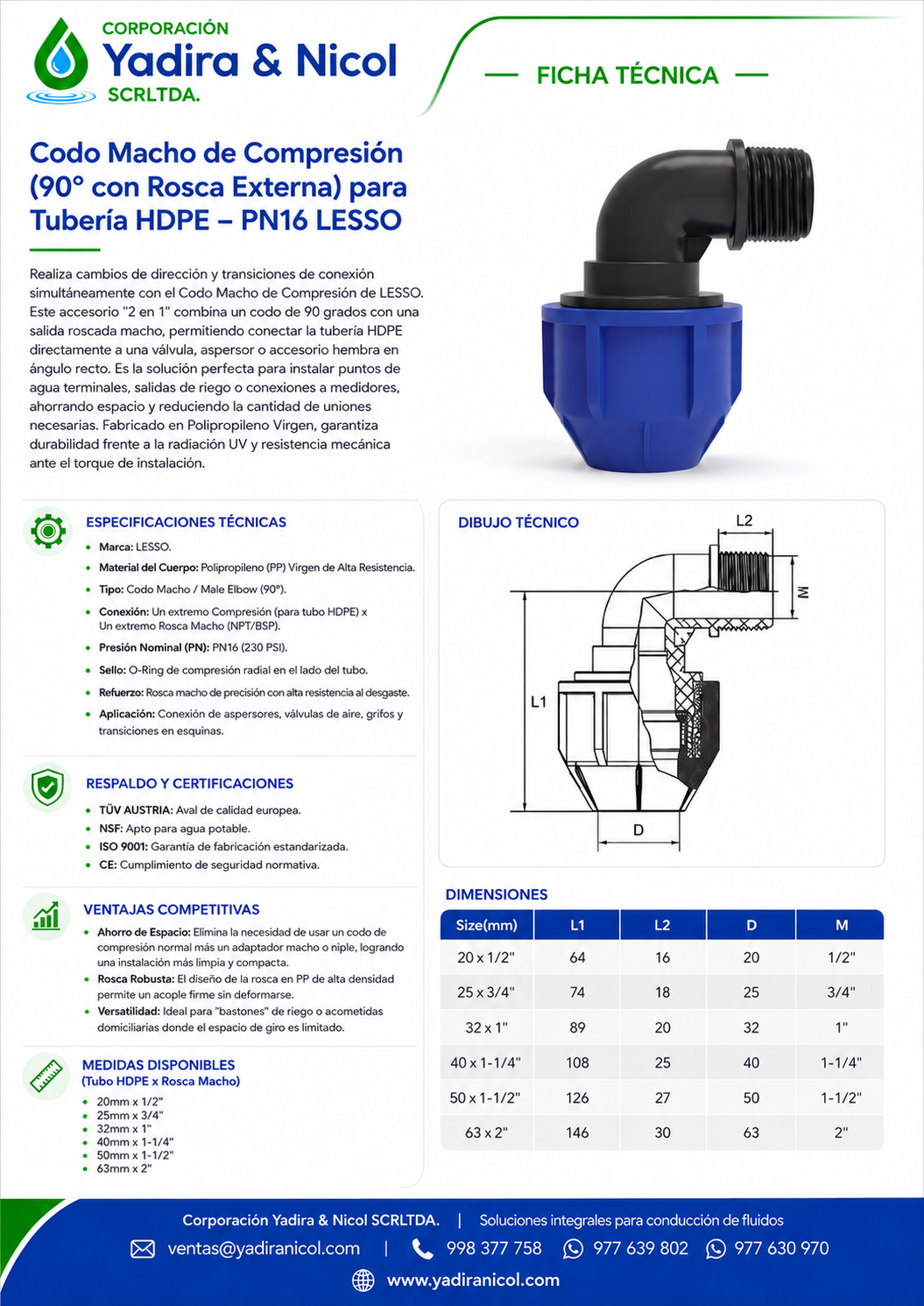 CODO 90° CON ROSCA MACHO HDPE MANGUERA LESSO