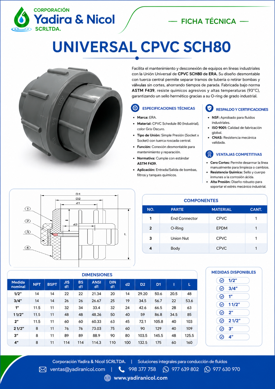 UNIÓN UNIVERSAL CPVC SCH-80 ERA
