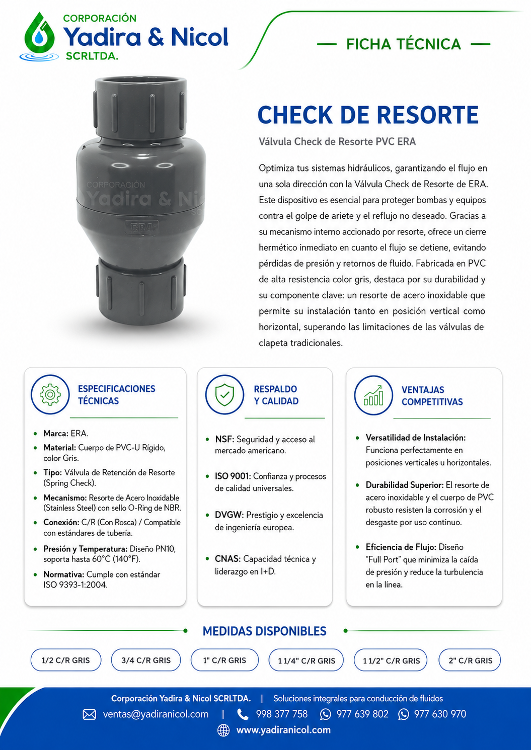 CHECK RESORTE CON ROSCA O PRESION  PVC ERA