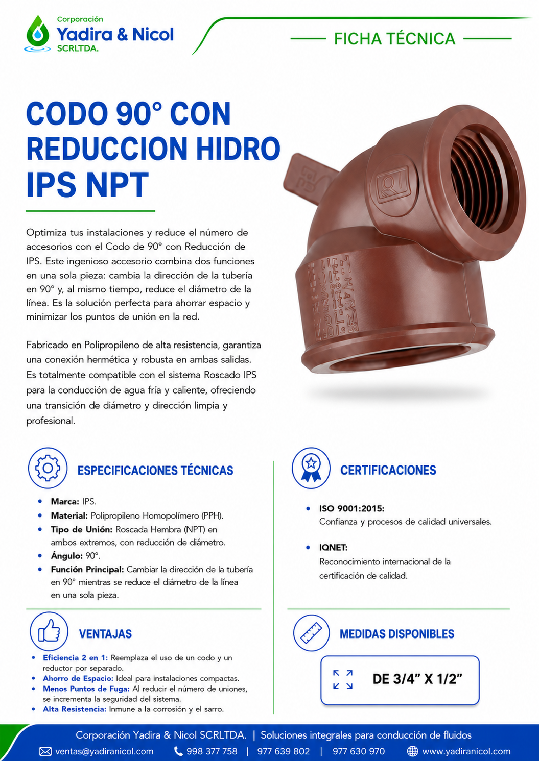 CODO CON REDUCCIÓN DE 90° CON ROSCA HIDRO PPH IPS