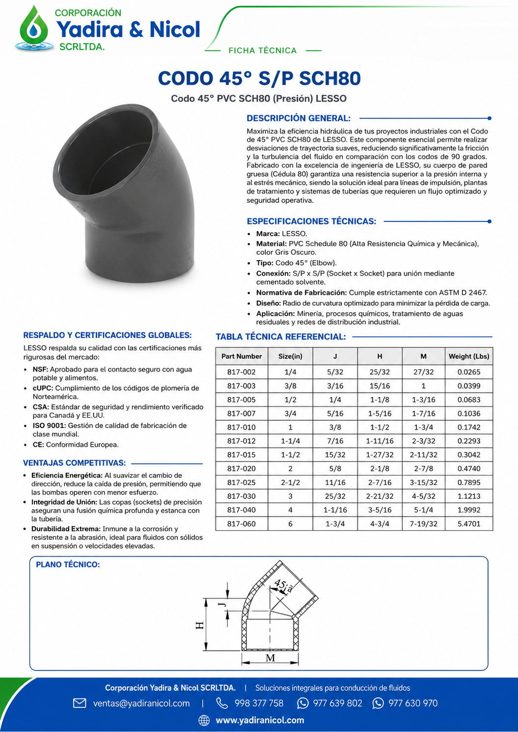 CODO DE 45° A PRESIÓN PVC SCH-80 LESSO
